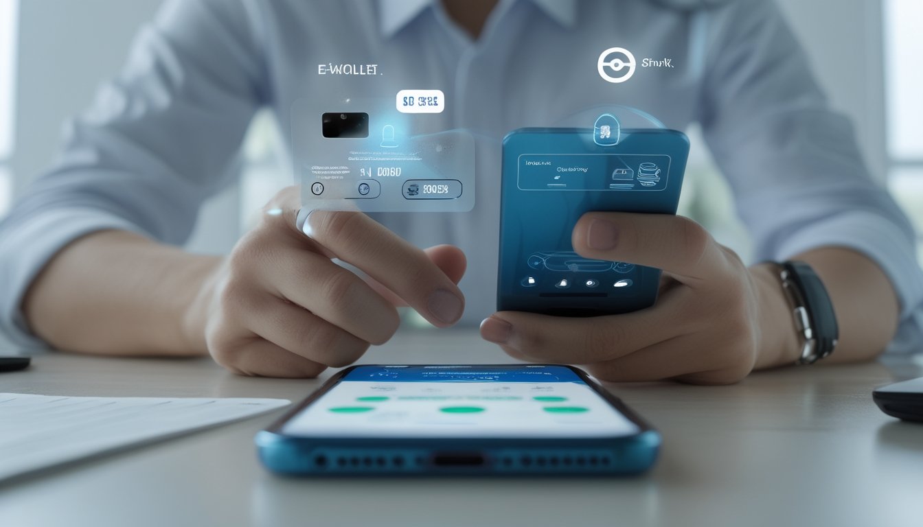 Orang dewasa memeriksa keamanan akun sambil melakukan pembayaran melalui dompet elektronik di ponsel.
