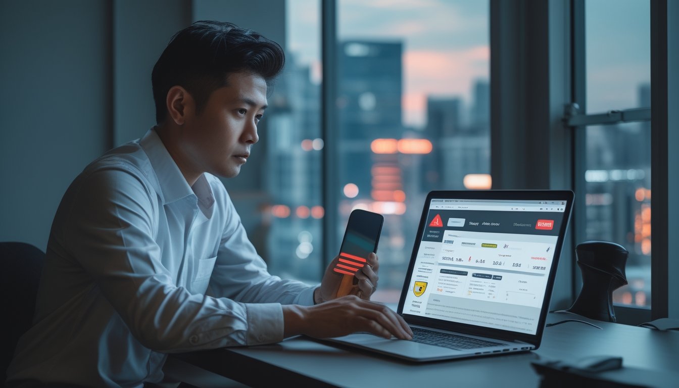 Seorang pengguna memeriksa aktivitas taruhan online mencurigakan di laptop dengan simbol peringatan dan perlindungan digital.
