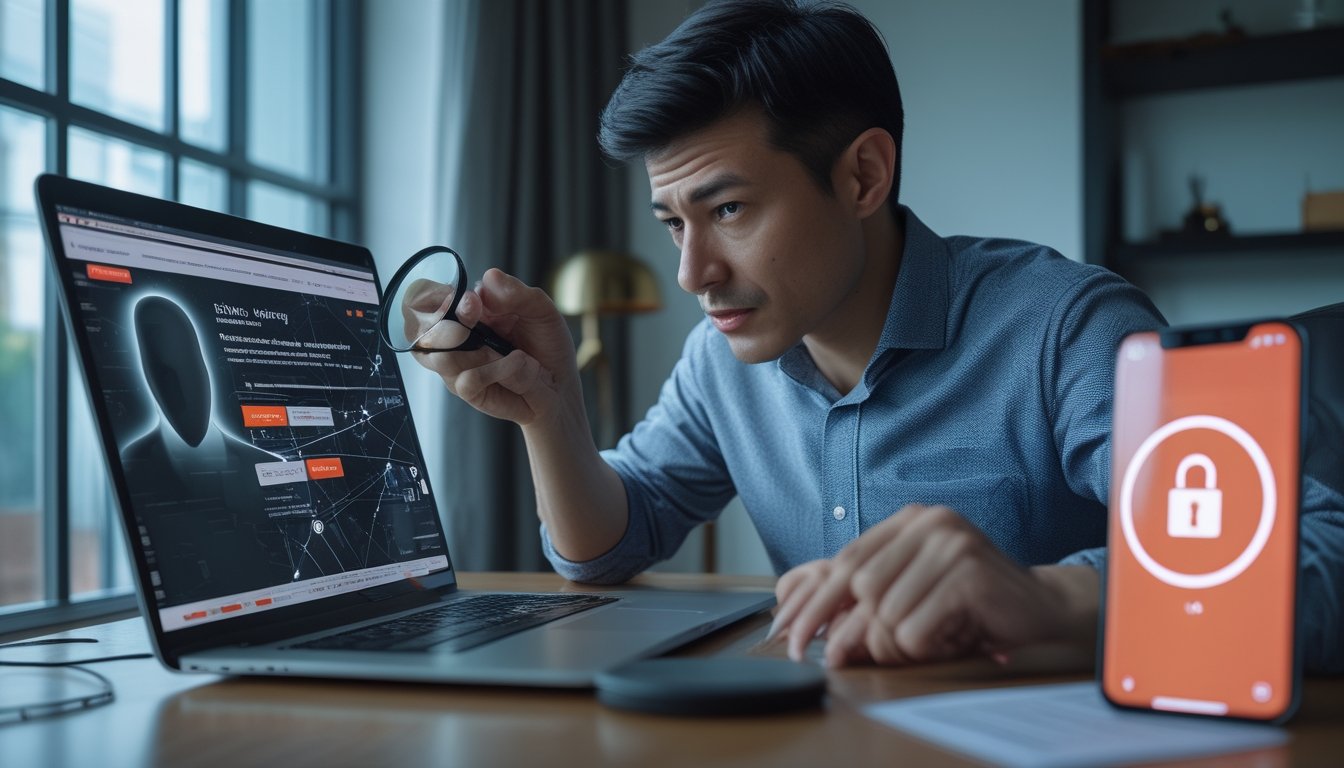 Seseorang memeriksa situs taruhan mencurigakan di laptop dengan simbol peringatan keamanan digital.