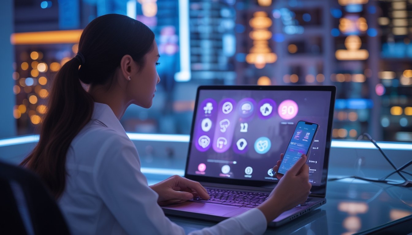 Orang dewasa menggunakan perangkat digital dalam suasana modern dengan cahaya kota Bangkok.