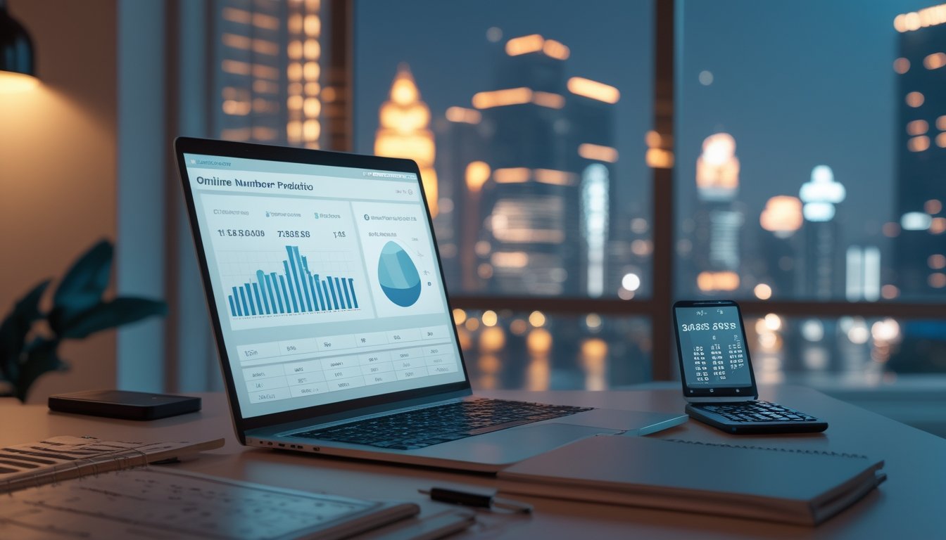 Laptop dengan grafik analisis dan kalkulator di meja, berlatar suasana kota Bangkok pada malam hari.