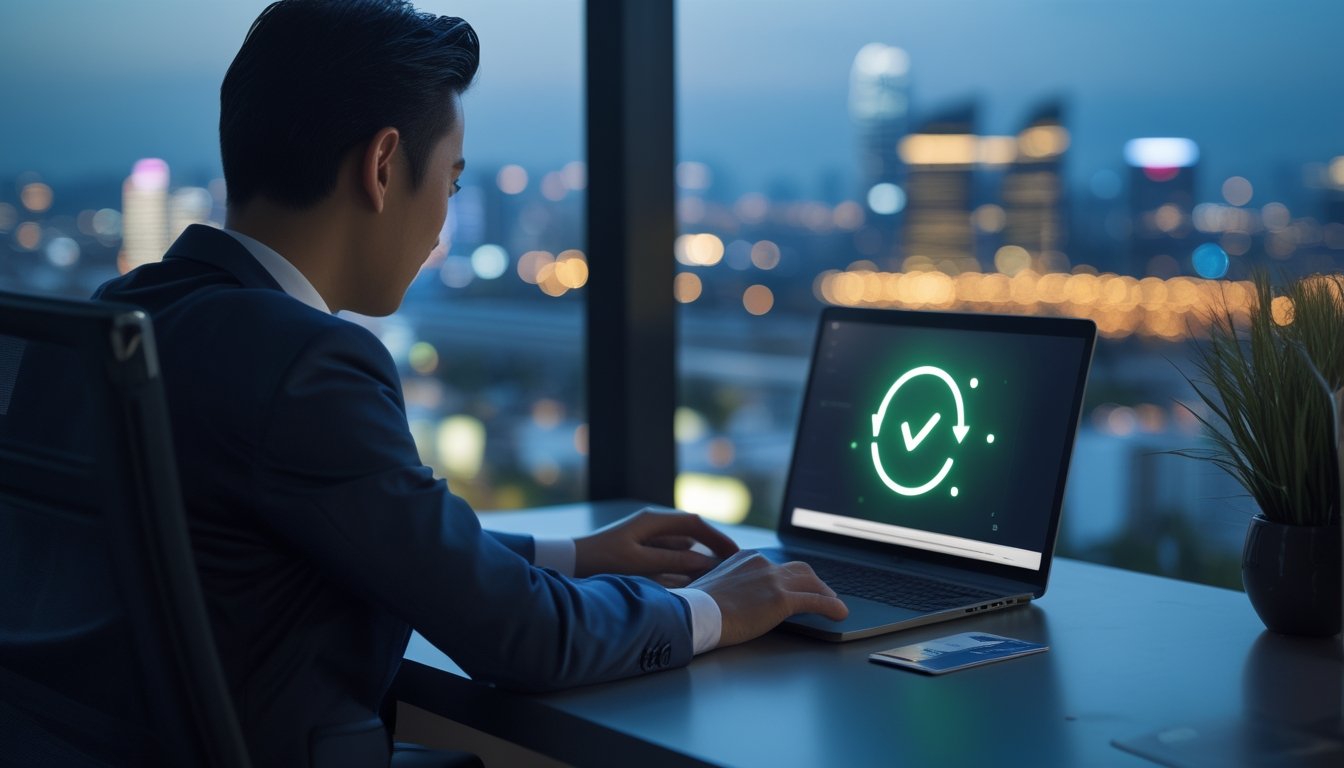 Seseorang menggunakan laptop untuk proses penarikan dana digital dengan latar pemandangan kota Bangkok pada malam hari.