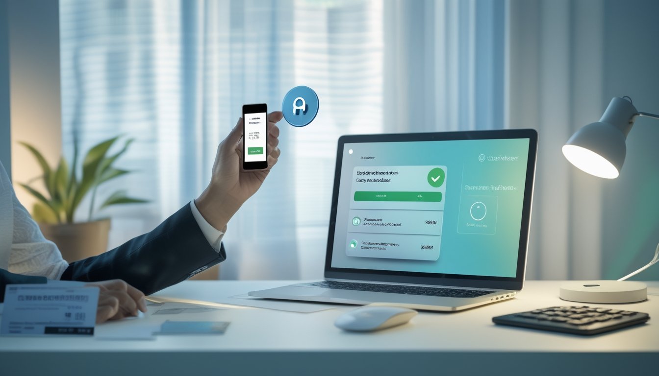 Seseorang memeriksa detail transfer e-wallet di ponsel dan laptop sebelum mengirim dana.