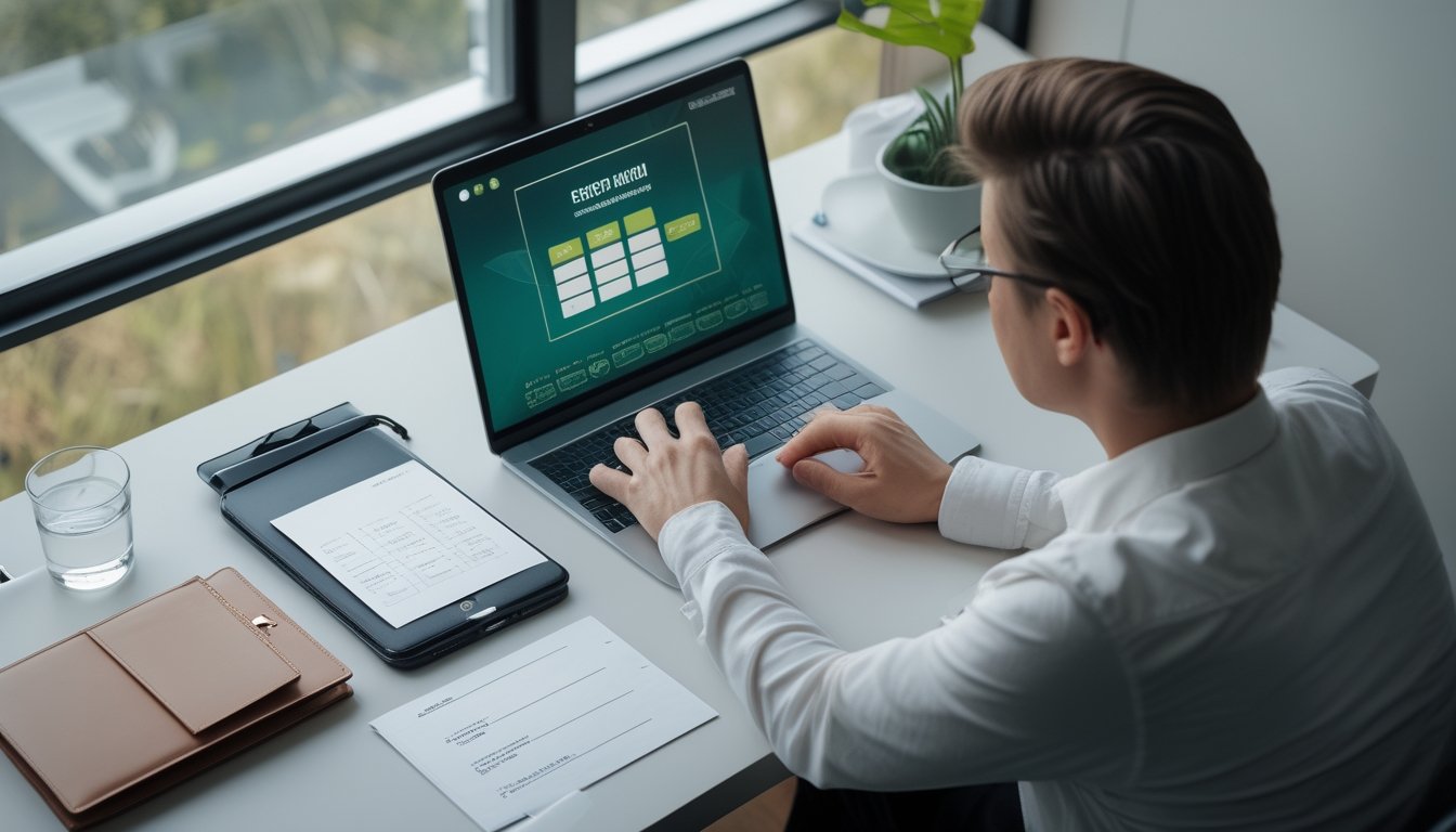 Seseorang mengatur anggaran permainan kasino online di meja kerja dengan kalkulator, buku catatan, dan laptop.