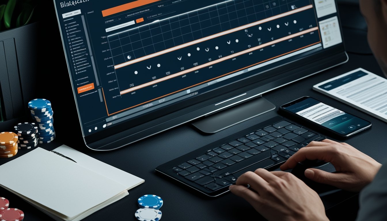 Meja kerja modern dengan layar permainan blackjack, kartu, chip kasino, dan grafik analisis peluang.
