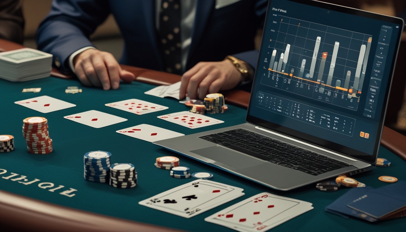 Meja blackjack dengan kartu, keping kasino, dan grafik peluang abstrak di layar.