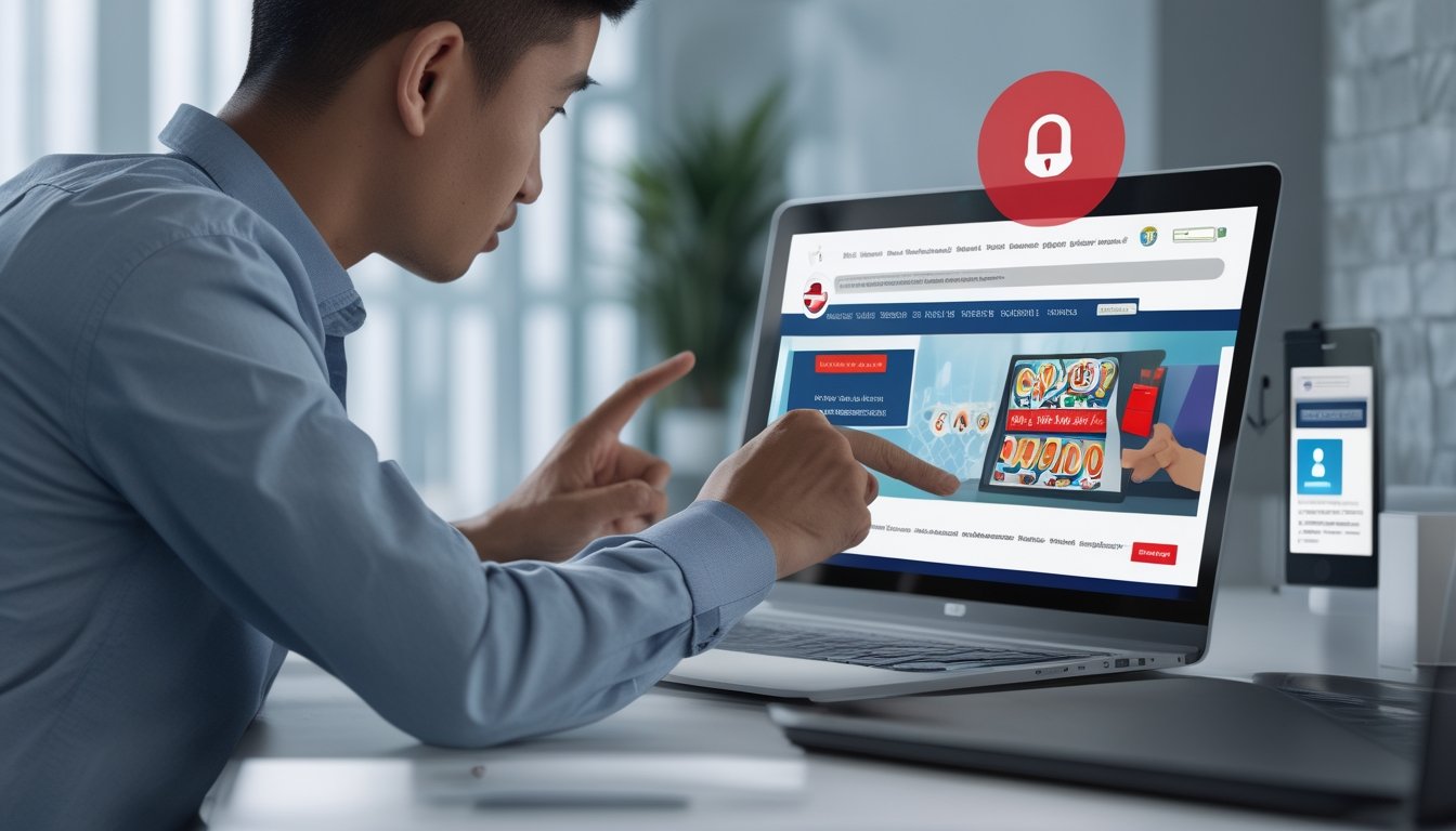 Seorang pengguna memeriksa situs kasino mencurigakan di laptop dengan bantuan penasihat keamanan digital.