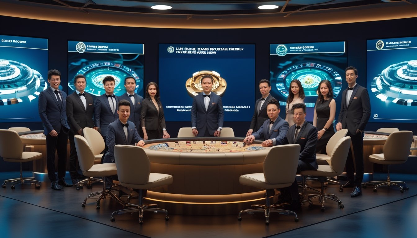 Sekelompok profesional Asia berada di sekitar meja permainan kasino live dengan kamera dan beberapa stasiun permainan di latar belakang.