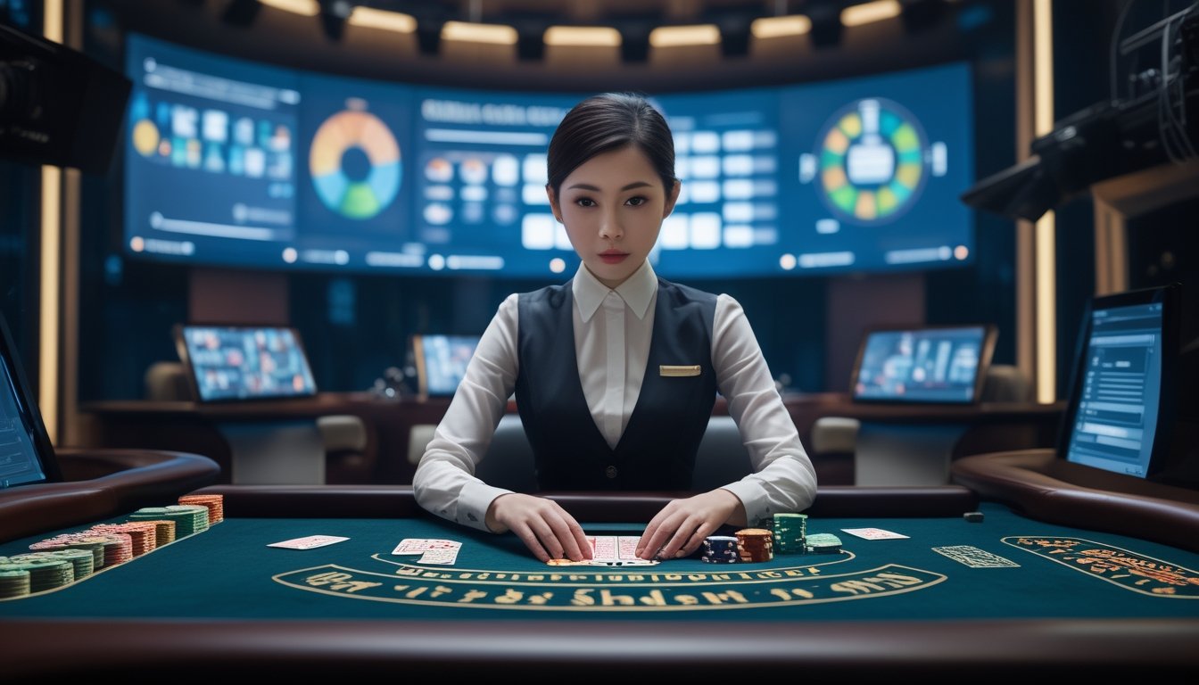 Dealer perempuan menata kartu di meja baccarat dalam studio kasino live modern dengan kamera dan monitor di latar belakang.