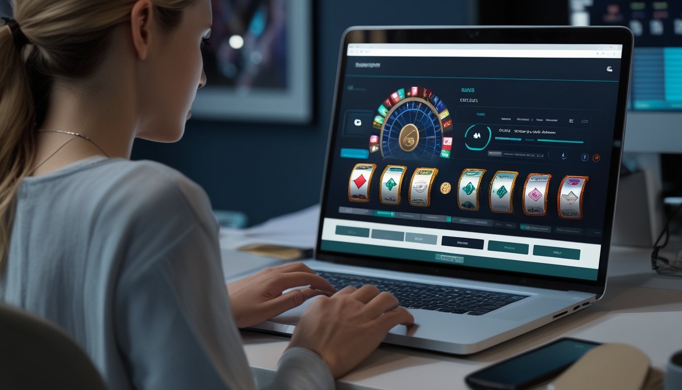 Seseorang menggunakan laptop dan ponsel dengan tampilan permainan kasino digital di meja kerja modern.