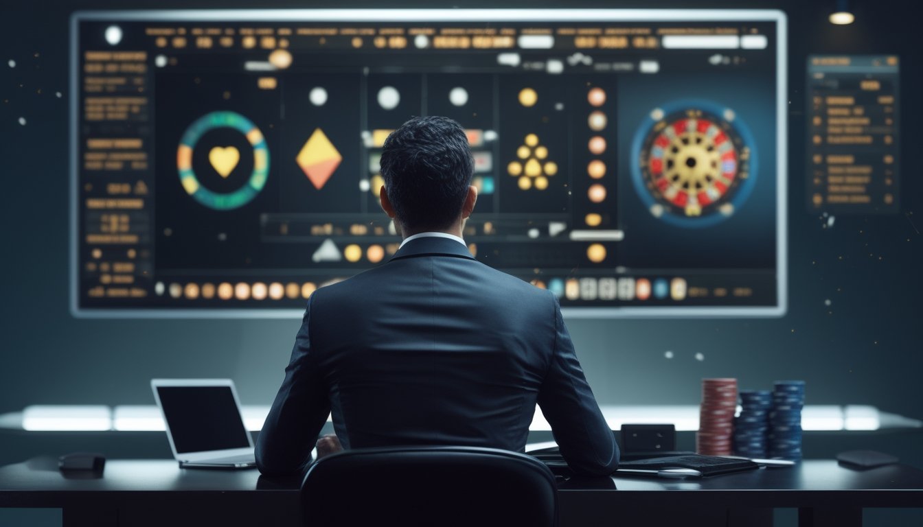 Seorang analis mengamati pola data taruhan abstrak pada monitor di meja dengan keping kasino.