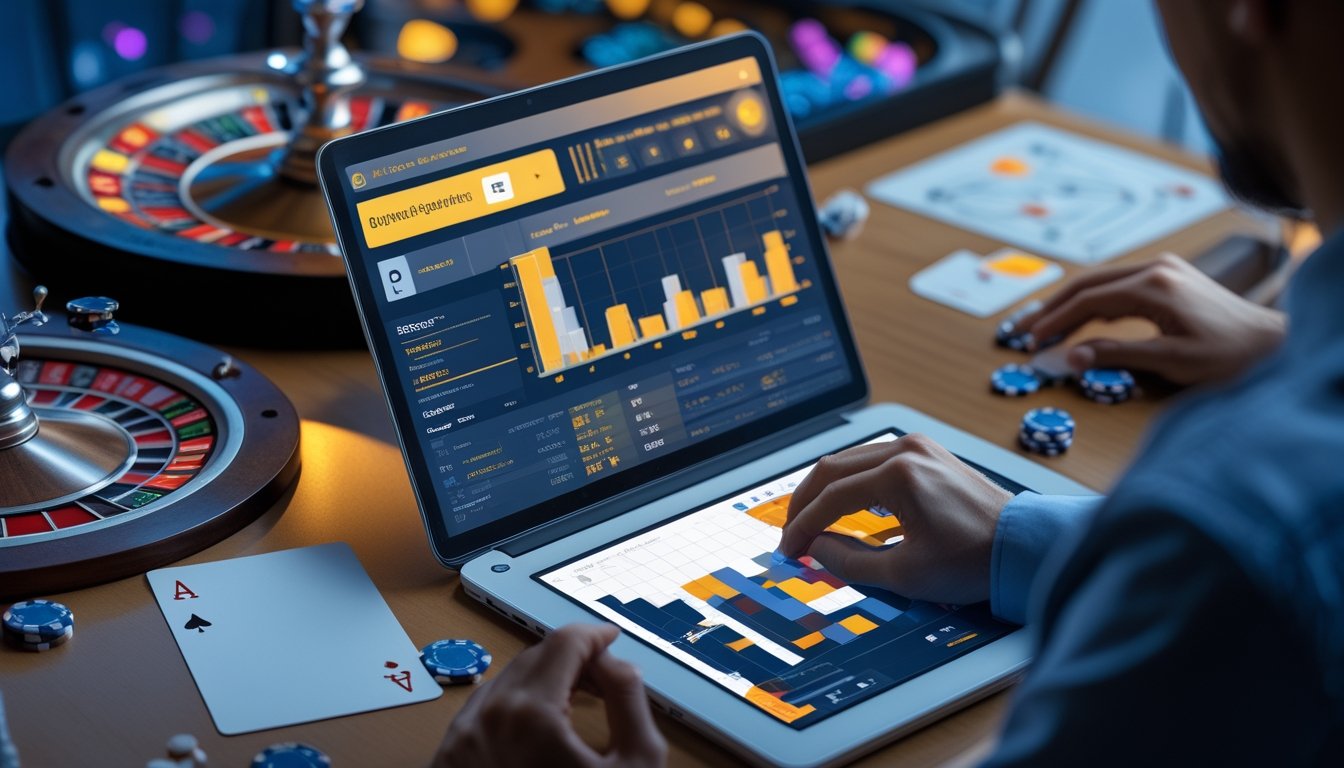 Analis meninjau grafik pola dan data taruhan di samping laptop, kartu, chip, serta roda roulette.