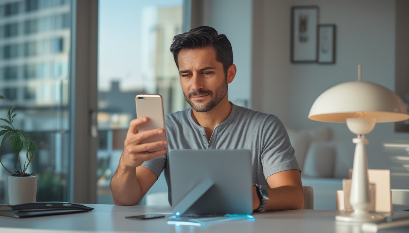 Orang dewasa menggunakan aplikasi kasino digital di ponsel dalam suasana ruang kerja modern.