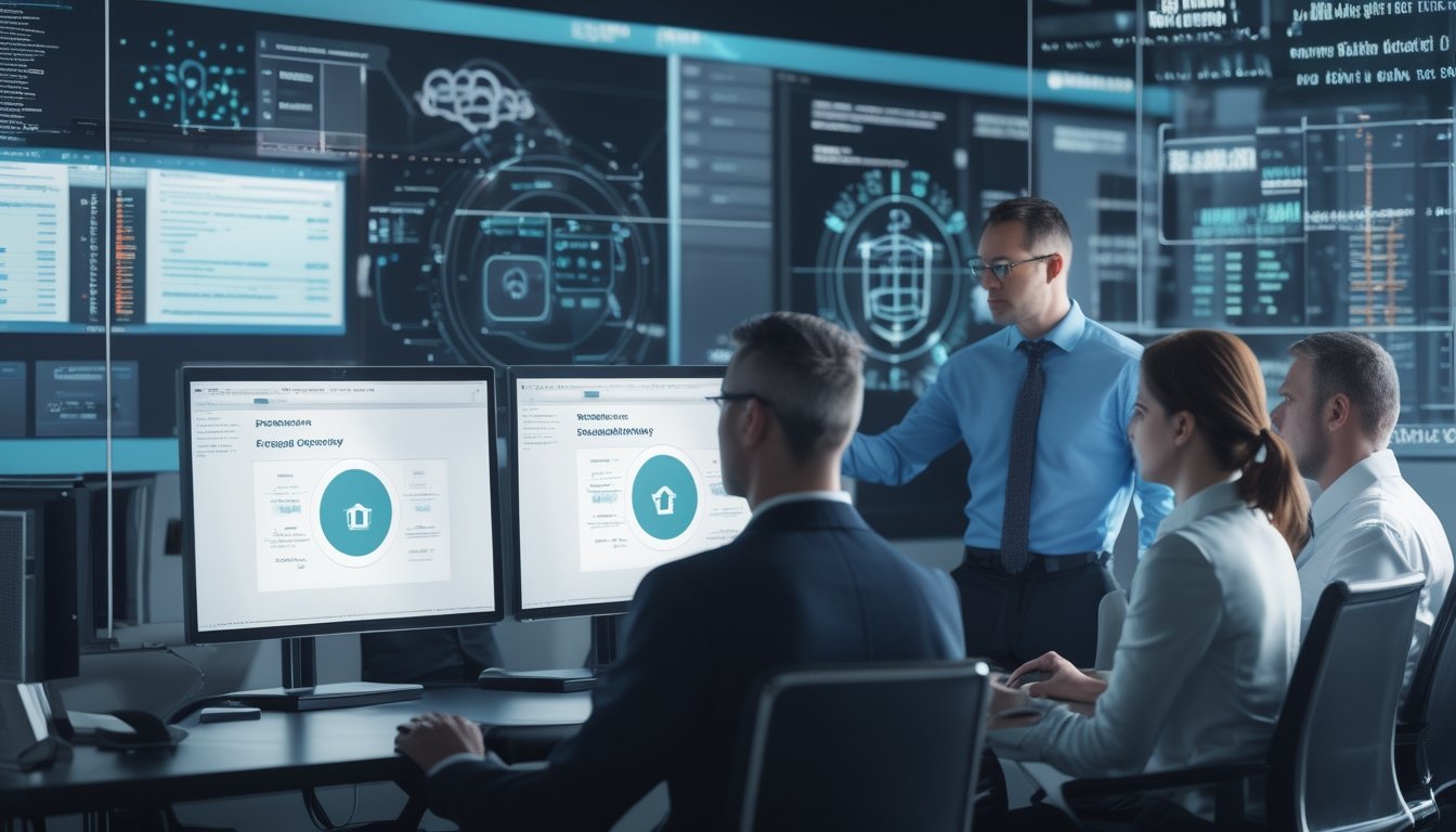 Tim keamanan siber melindungi data pemain dengan sistem enkripsi dan kontrol akses di kantor modern.