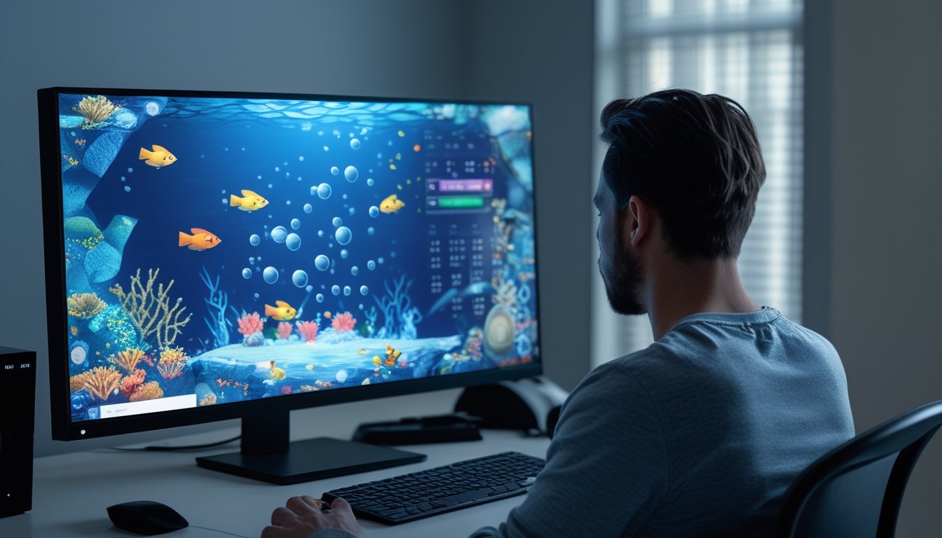 Seseorang memainkan permainan arcade bertema ikan di komputer dengan tampilan bawah laut.