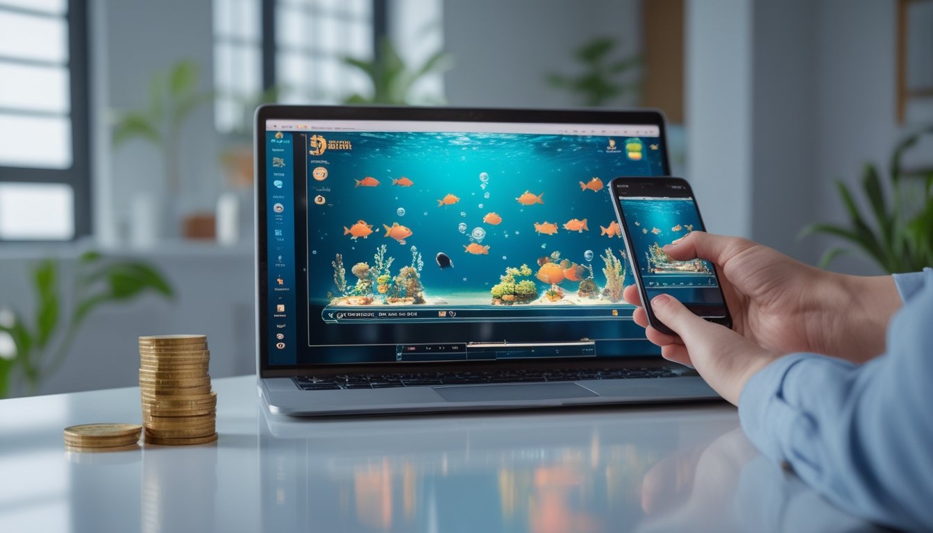 Seseorang memainkan permainan menembak ikan bertema bawah laut melalui ponsel dan laptop di atas meja.