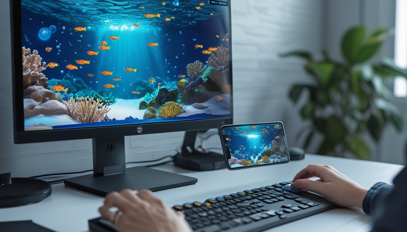 Tangan pemain mengoperasikan permainan tembak ikan bertema bawah laut pada monitor dan ponsel.