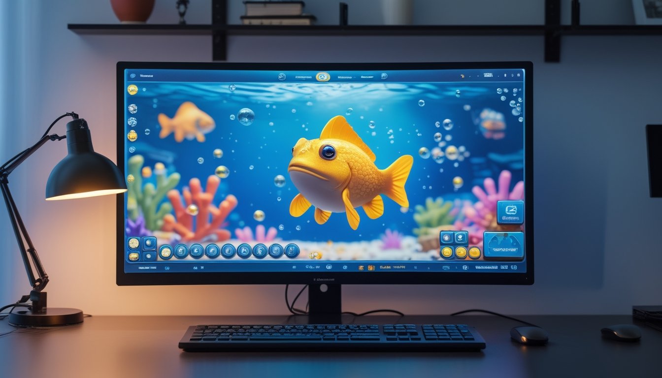 Monitor menampilkan permainan arcade bawah laut dengan ikan emas berbentuk katak di meja kerja modern.