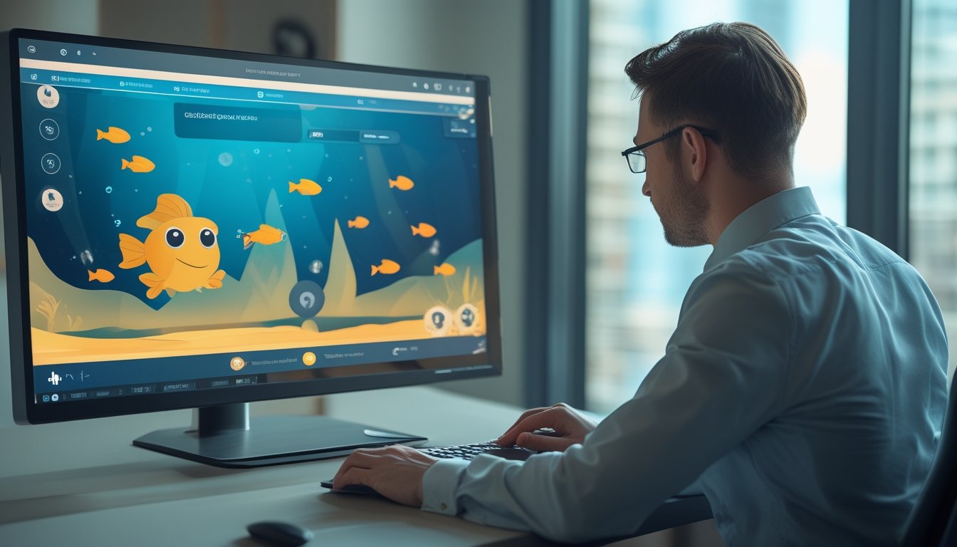 Orang dewasa meninjau platform permainan ikan daring dengan simbol keamanan digital dan ikan berwarna emas di layar.