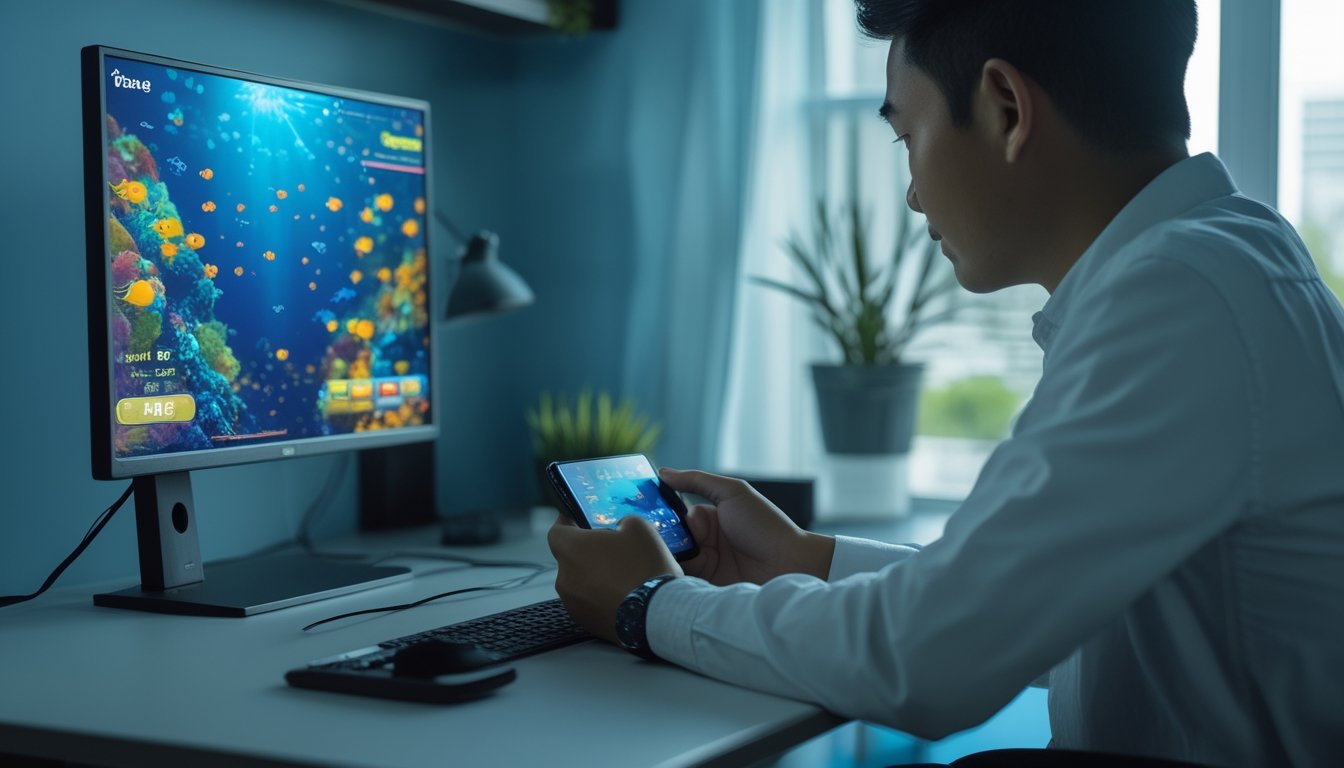 Orang dewasa sedang memainkan permainan tembak ikan online di perangkat digital dalam suasana rumah yang modern.