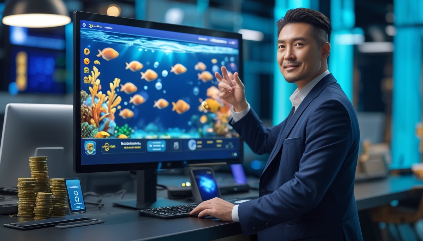 Seorang agen profesional berdiri di samping komputer yang menampilkan permainan arcade bertema bawah laut.