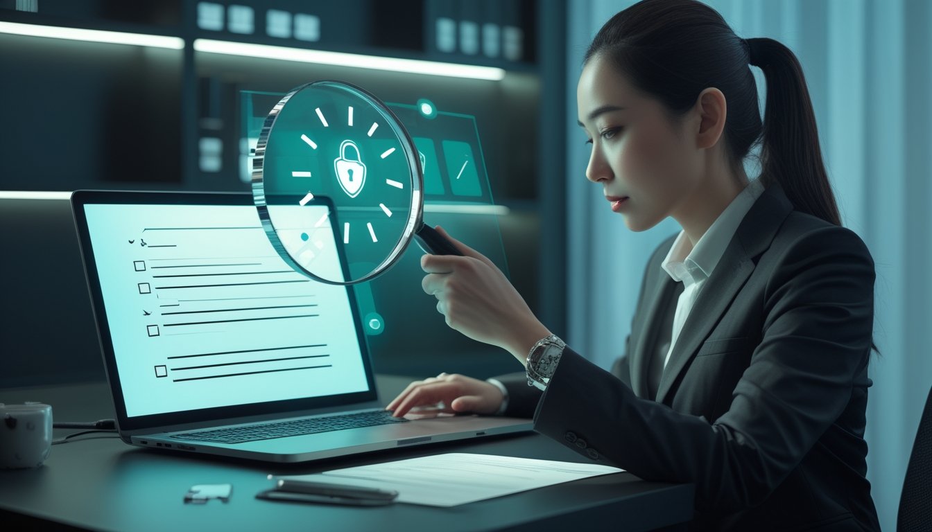 Seorang profesional memeriksa kredibilitas platform digital menggunakan laptop dengan simbol keamanan di meja kerja.
