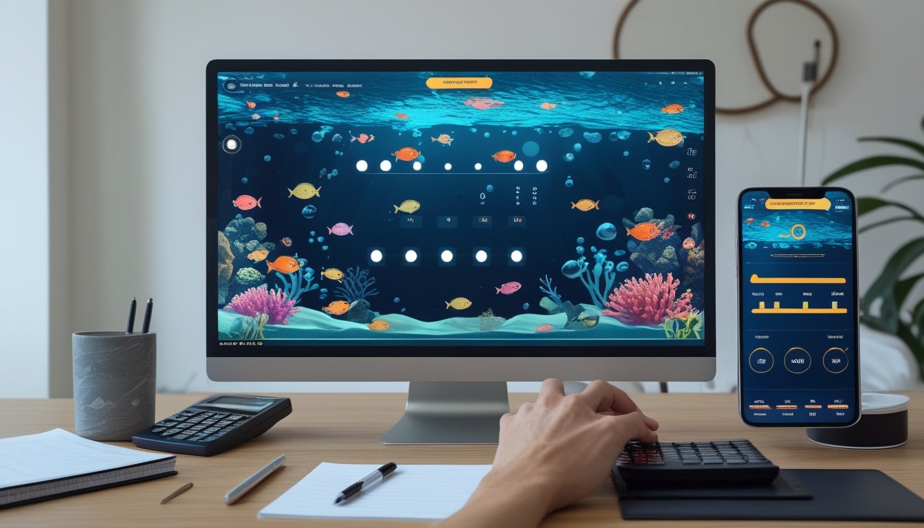 Seseorang menghitung poin permainan ikan di depan monitor dengan kalkulator dan buku catatan.