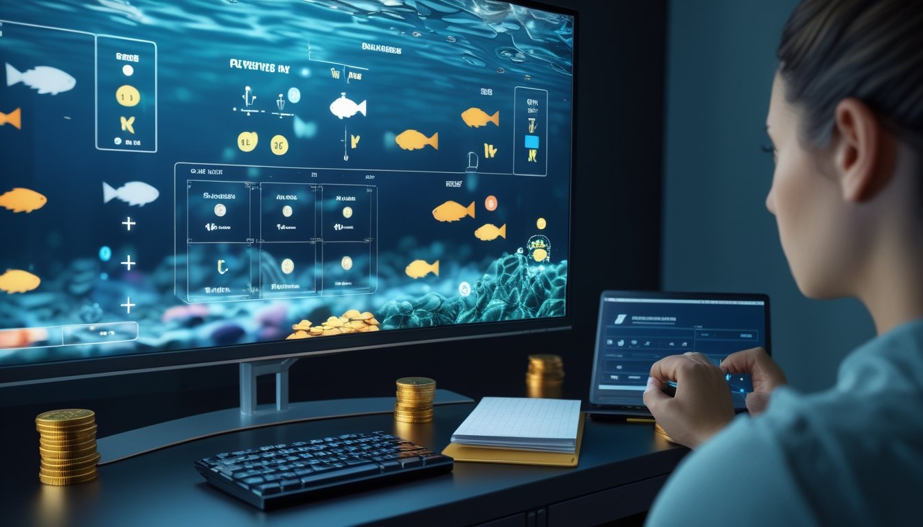 Seseorang menganalisis permainan tembak ikan digital dan simbol poin serta pembayaran di meja kerja.