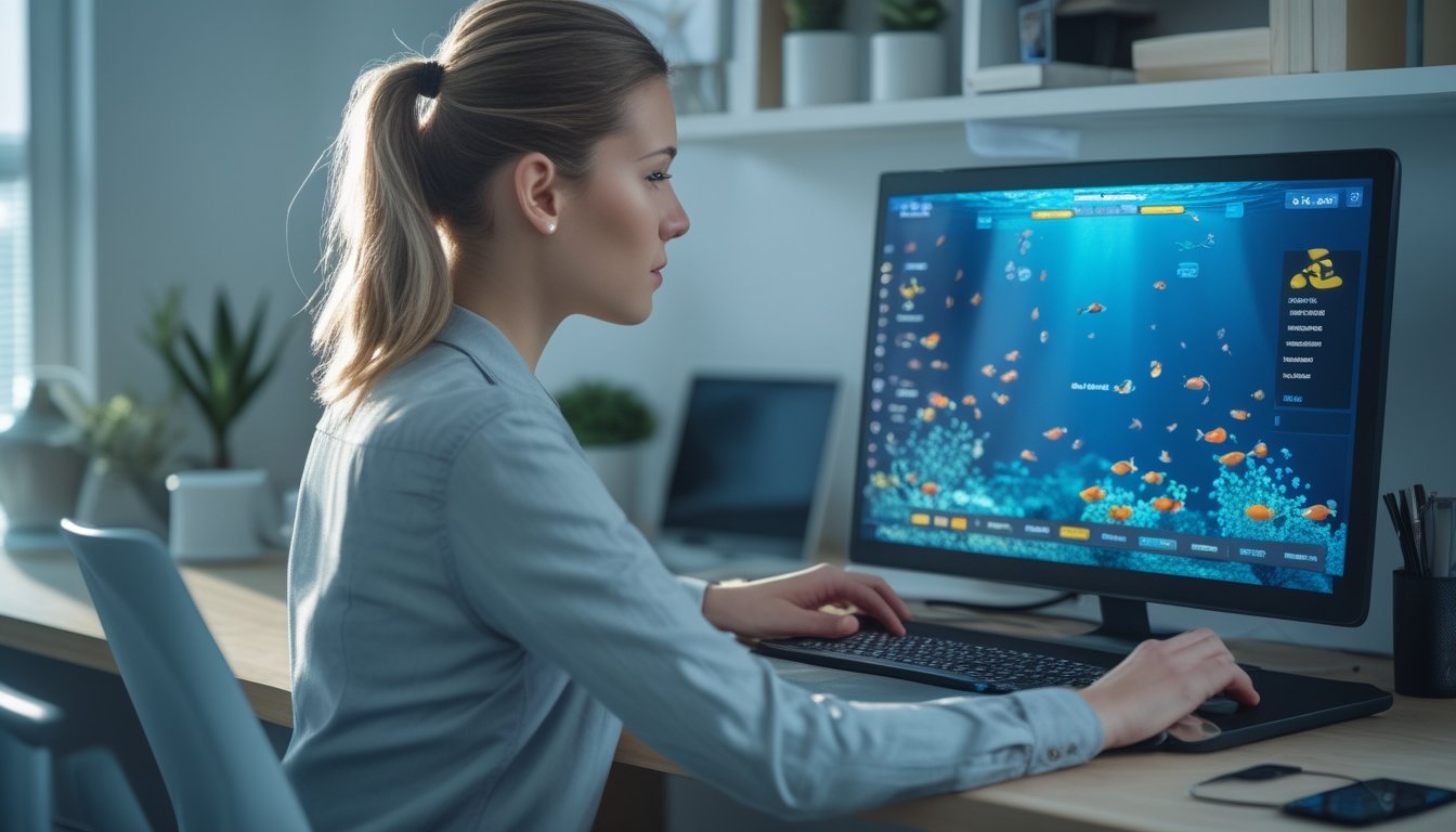 Orang dewasa menggunakan laptop dengan tampilan permainan bertema bawah laut di ruang kerja yang rapi.