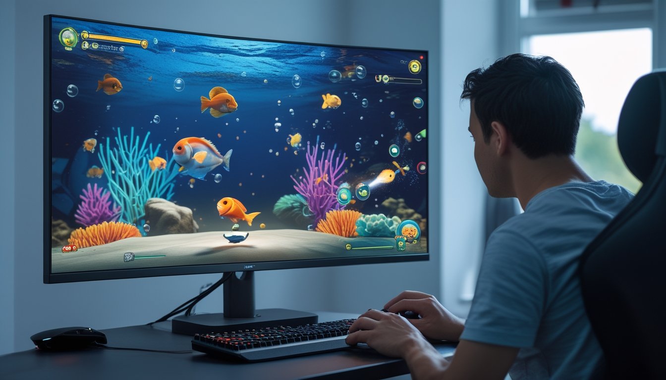 Seorang pemain mengarahkan meriam virtual dengan hati-hati ke ikan di dalam permainan bawah laut.