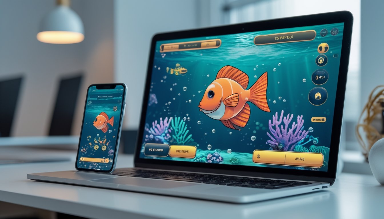 Ponsel dan laptop menampilkan permainan arcade bawah laut dengan ikan berwarna-warni di meja kerja modern.