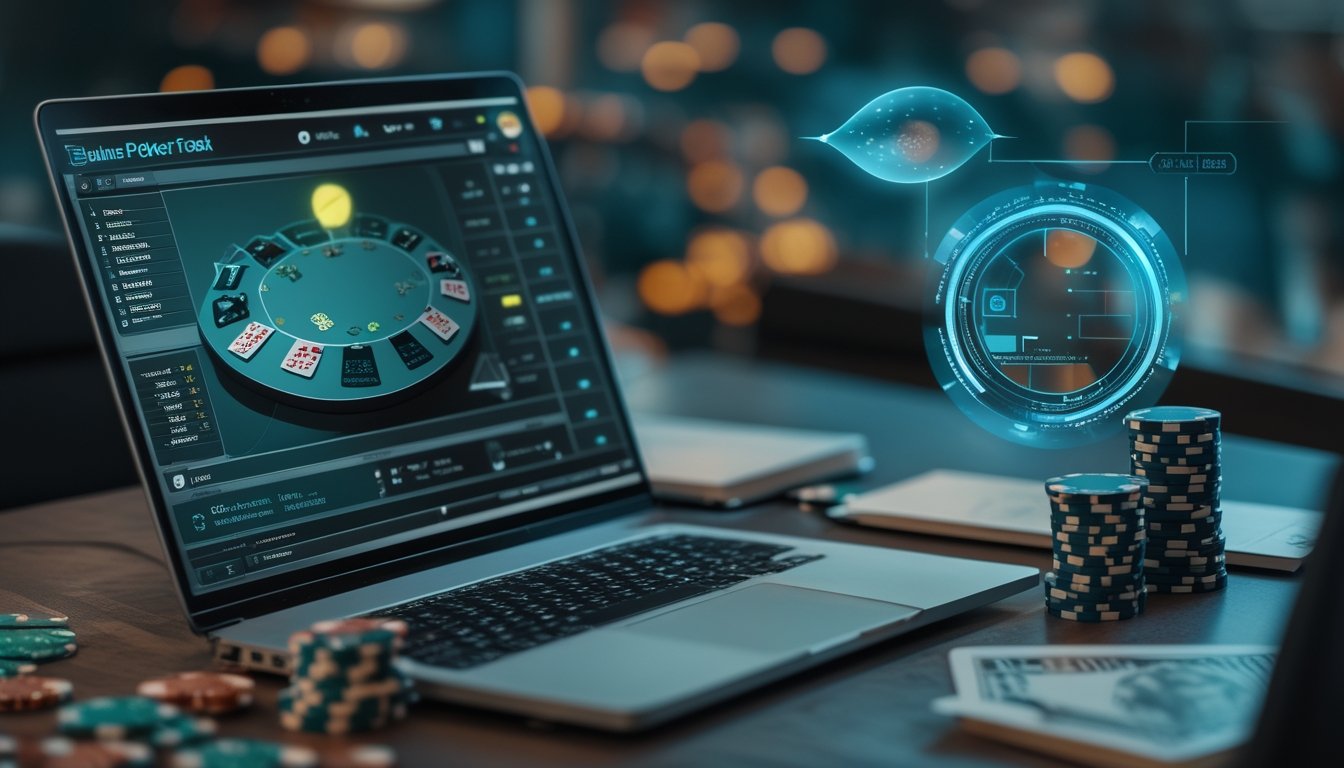 Laptop menampilkan meja poker online dengan kartu dan chip, disertai kalkulator serta elemen visual yang menggambarkan pengembalian hadiah.