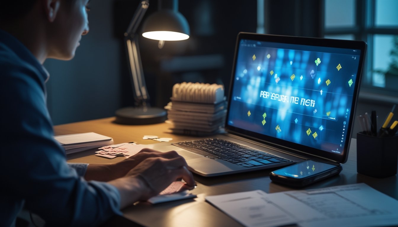 Seorang pemain dewasa mempelajari layar laptop bertema poker dengan chip, kartu, dan kalkulator di meja kerja.
