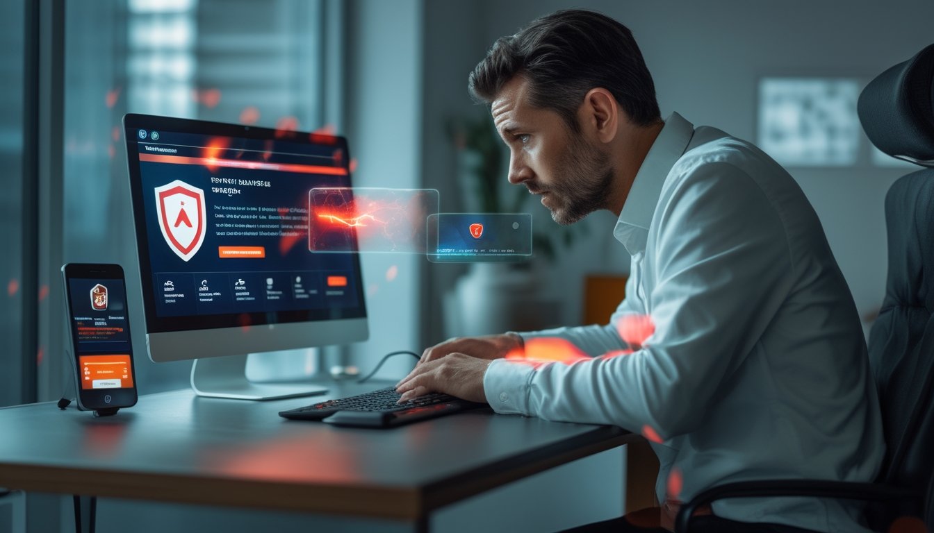 Seseorang memeriksa laptop dan ponsel dengan tanda peringatan keamanan serta risiko pembayaran.