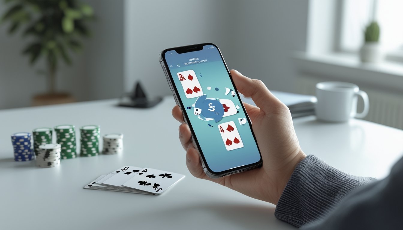Tangan memegang ponsel dengan tampilan permainan kartu dan chip poker di atas meja.