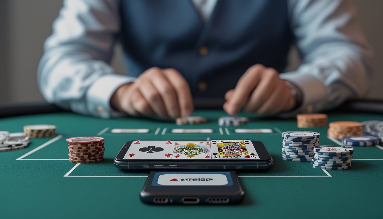 Ponsel menampilkan meja poker digital dengan kartu dan chip, sementara meja poker fisik tampak di latar belakang.