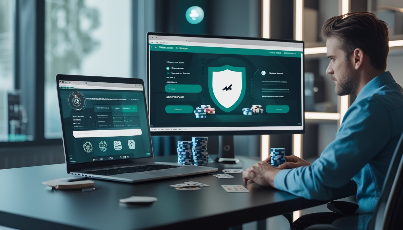 Perangkat komputer menampilkan permainan poker daring dengan kartu dan chip poker di meja modern.