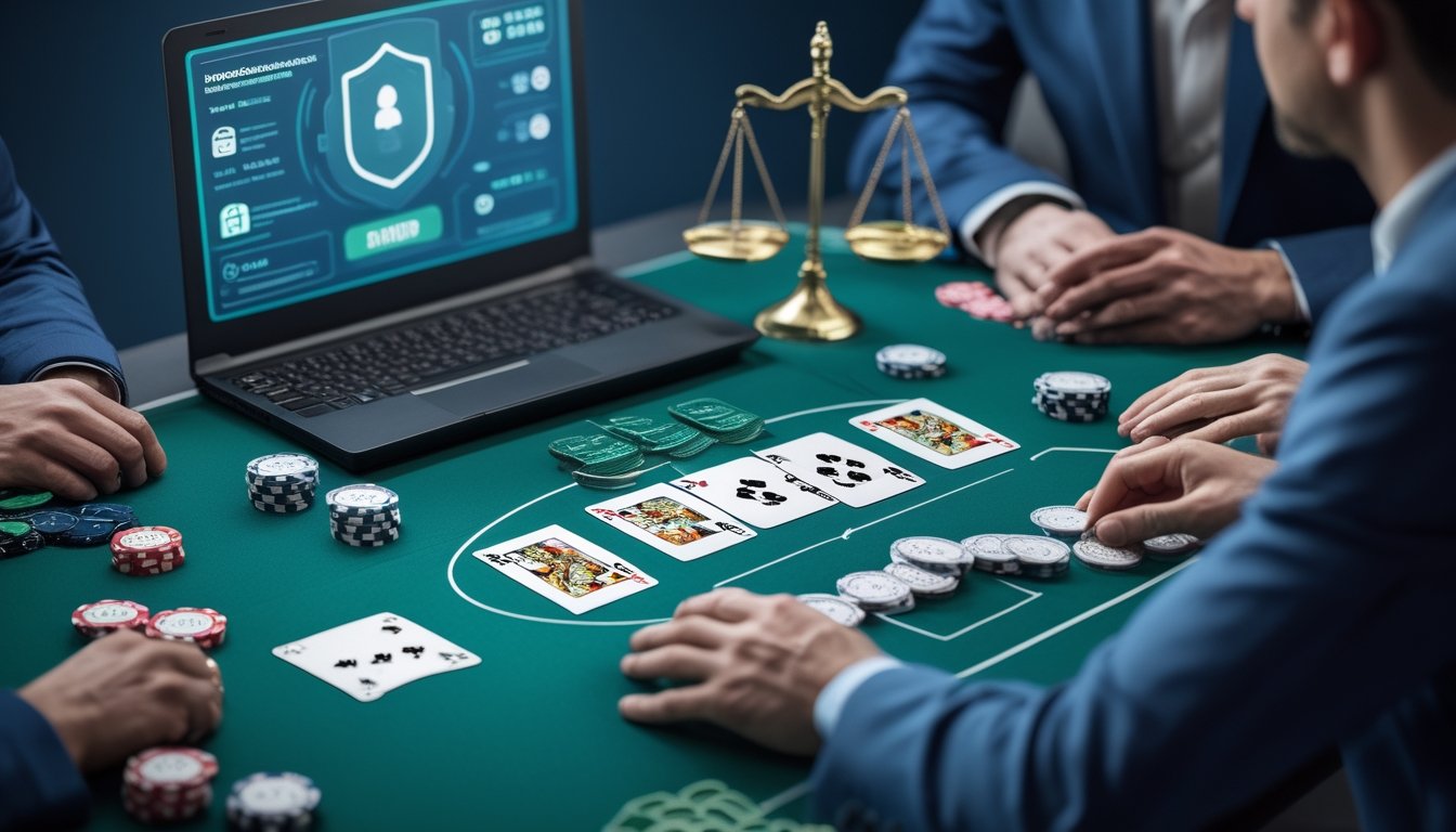 Meja poker modern dengan kartu, keping poker, simbol keamanan, dan perangkat digital yang menggambarkan penilaian server yang adil dan tepercaya.