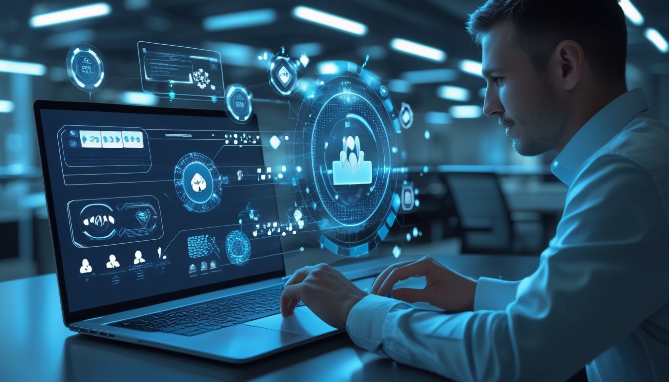 Meja kerja futuristis dengan laptop, ponsel, dan antarmuka holografis yang menampilkan teknologi poker online serta fitur keamanan digital.