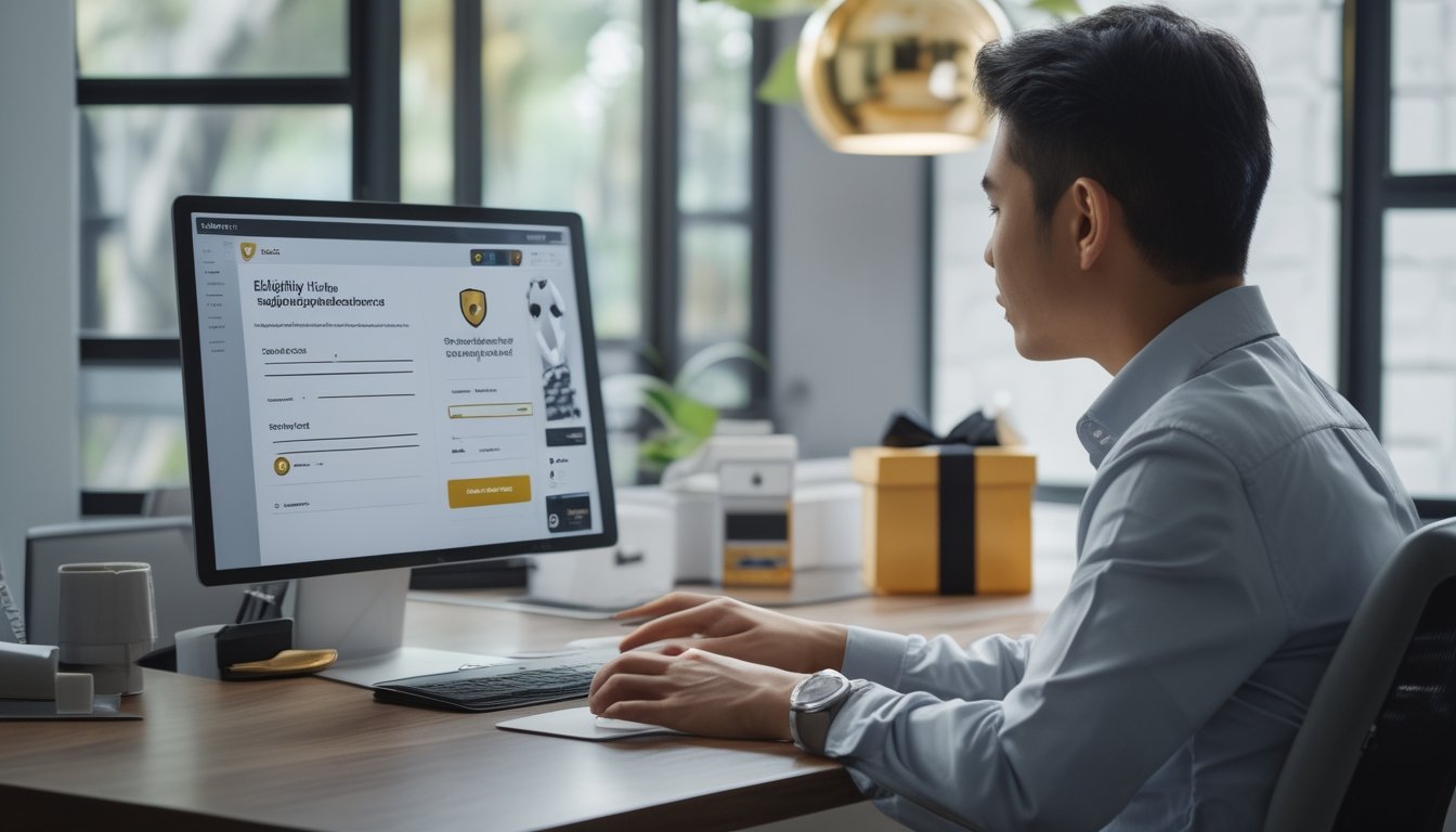 Seseorang memeriksa persyaratan dan kemajuan bonus referral poker online di meja kerja dengan laptop dan ponsel.