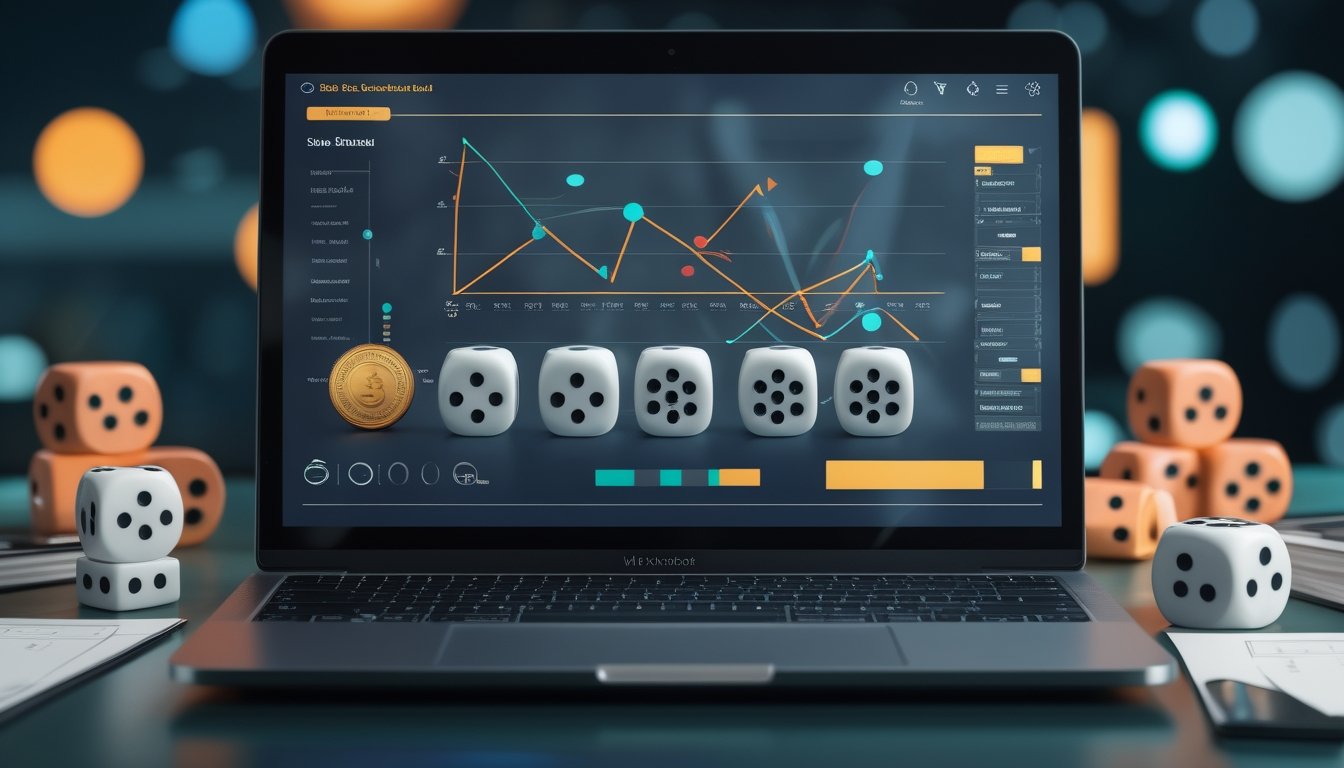 Meja kerja dengan laptop yang menampilkan grafik statistik Sic Bo dan tiga dadu di sampingnya.