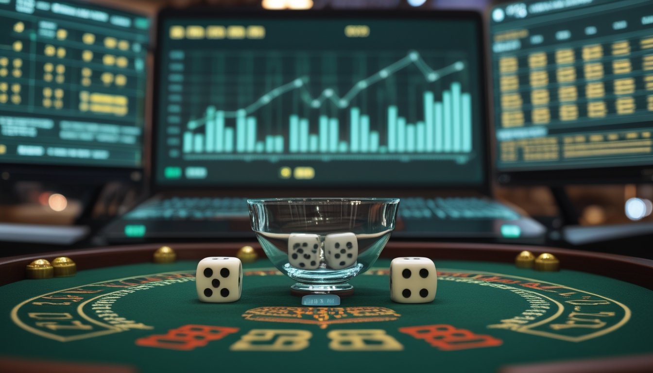 Meja permainan Sic Bo dengan tiga dadu dan layar yang menampilkan grafik statistik abstrak.