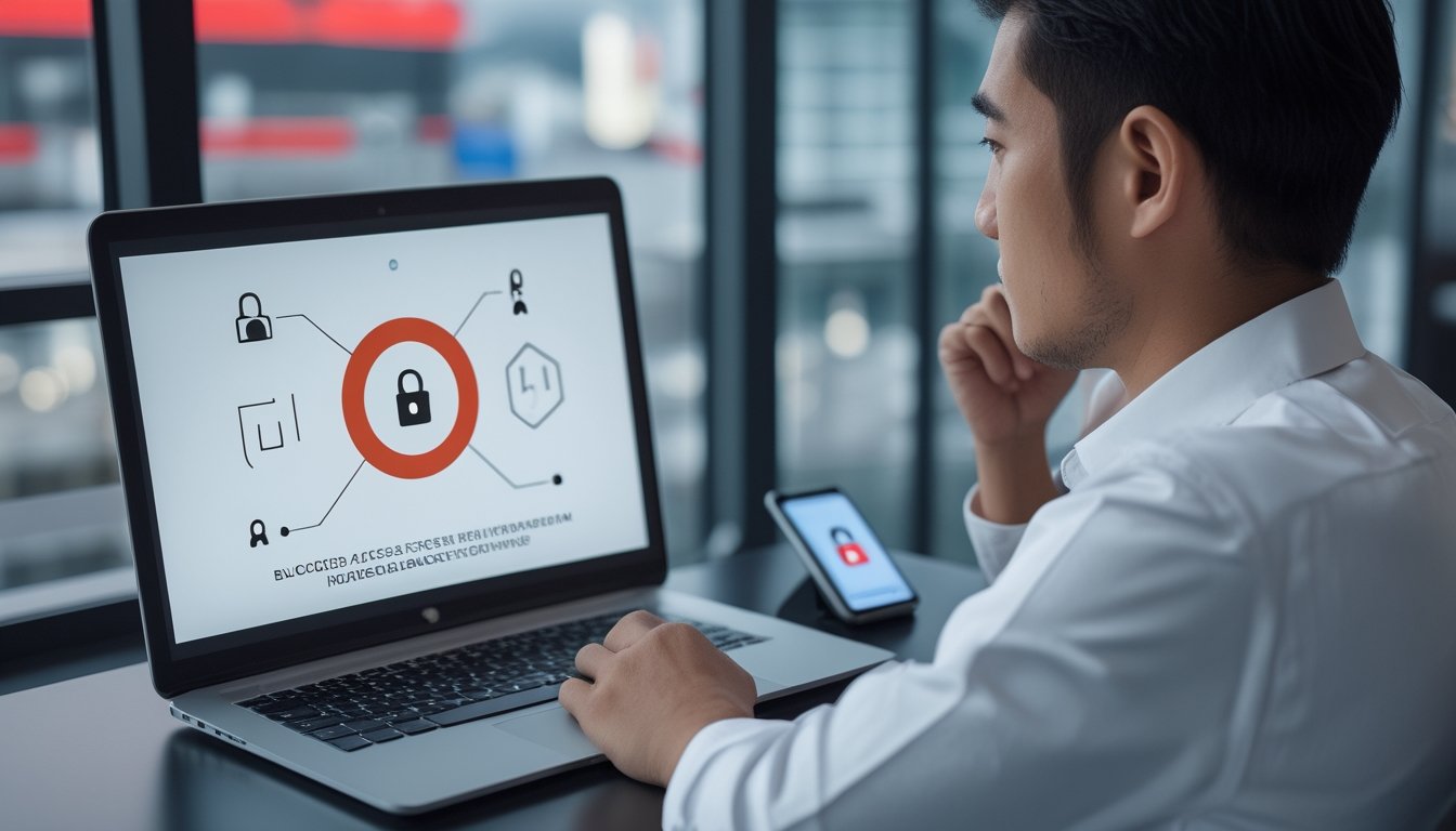 Seorang pengguna memeriksa laptop dengan tampilan akses internet yang diblokir di ruang kerja modern.