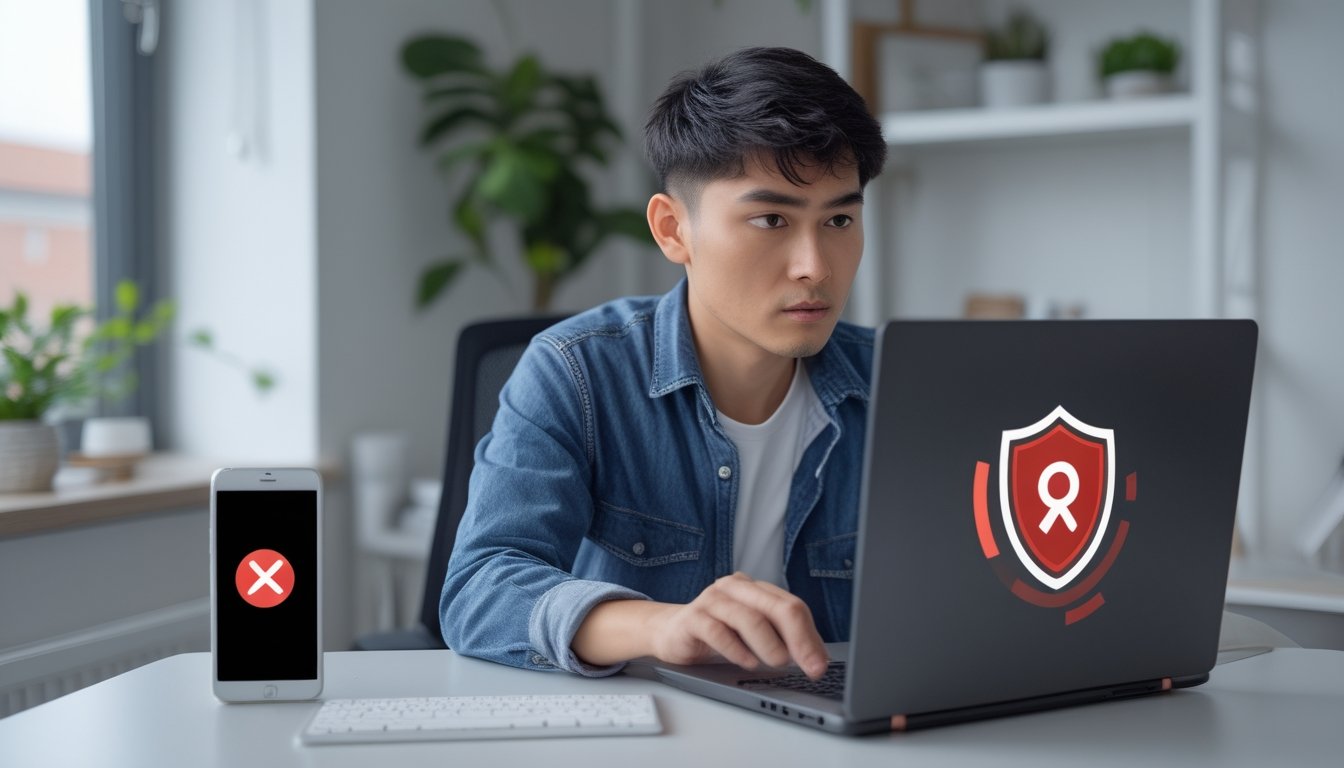 Seseorang memeriksa situs kasino online mencurigakan di laptop dengan simbol peringatan keamanan di sampingnya.