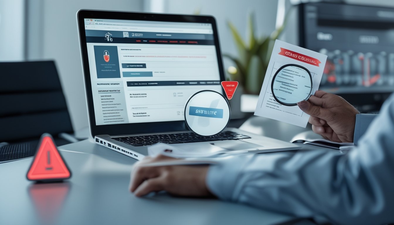 Seseorang memeriksa legalitas dan reputasi situs kasino online dengan dokumen verifikasi dan simbol peringatan keamanan.