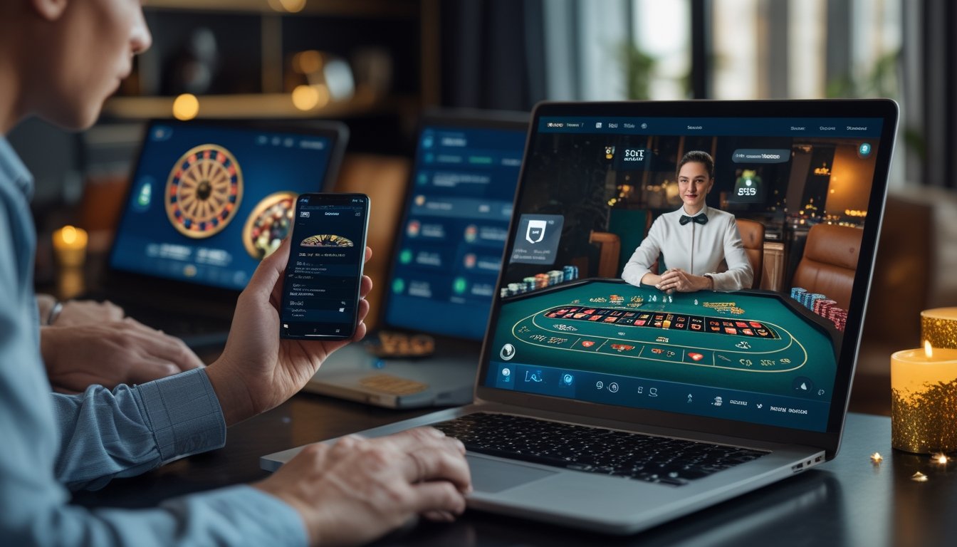 Pemain dewasa menggunakan laptop dan ponsel untuk berinteraksi dengan dealer kasino langsung di ruang modern.
