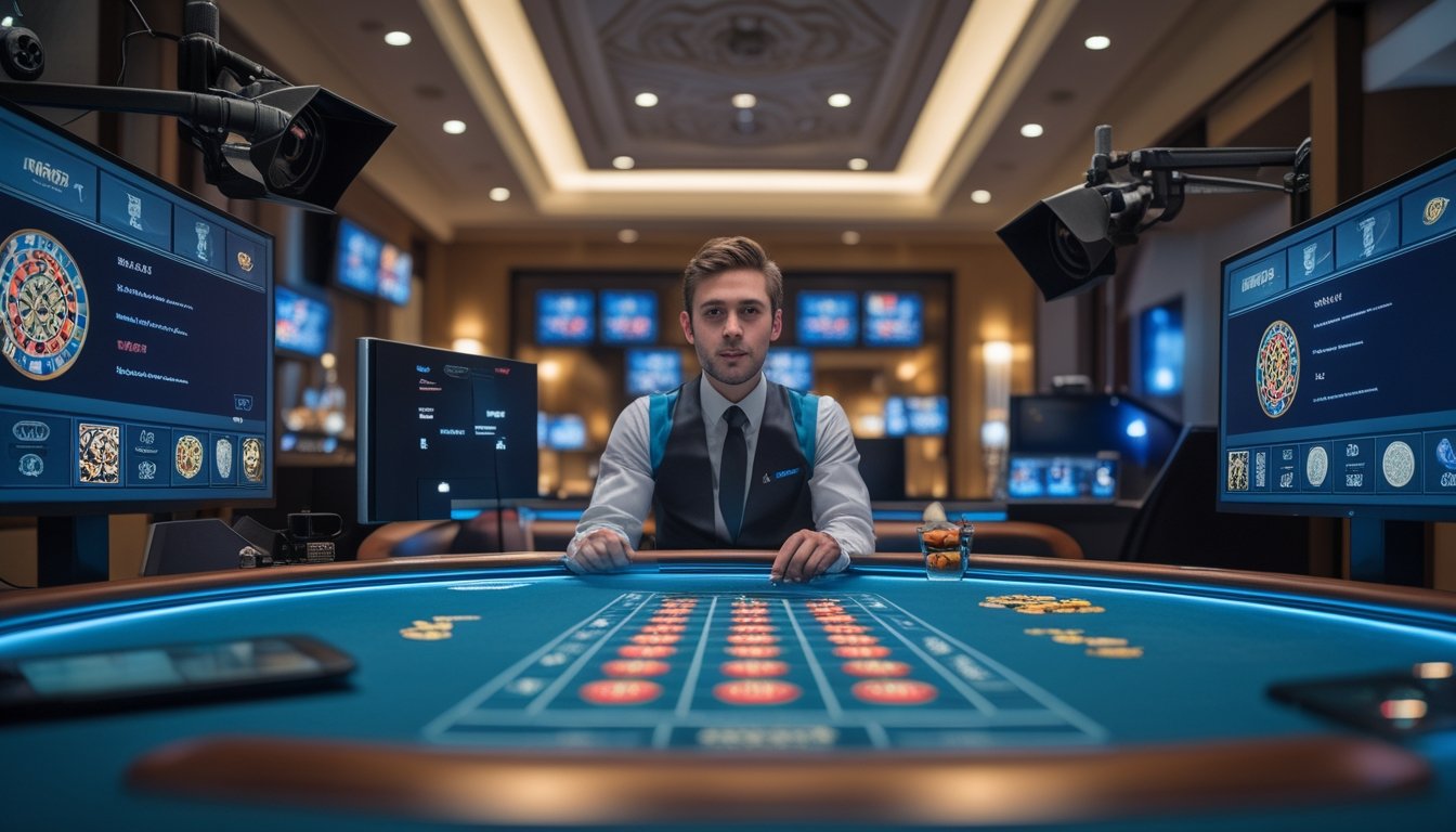 Dealer profesional berinteraksi dengan pemain melalui layar dalam studio kasino modern.