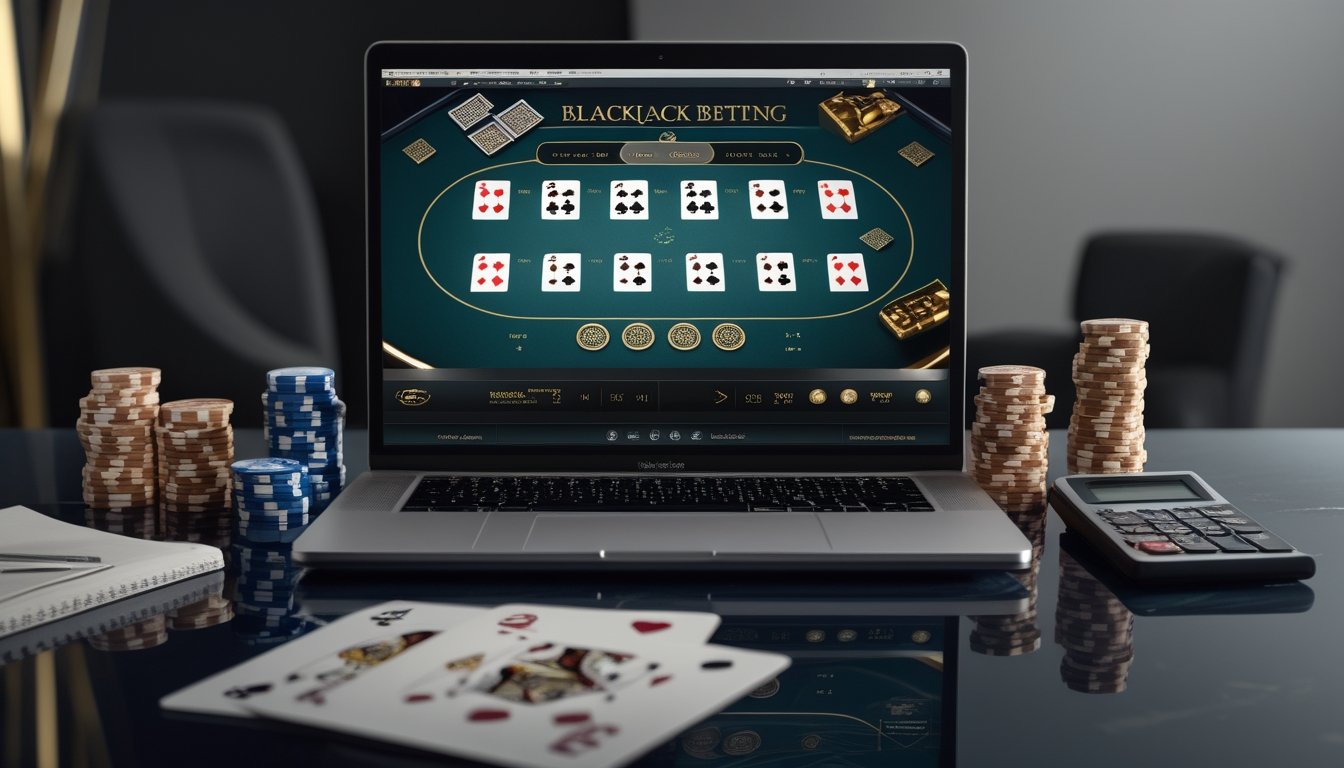 Laptop menampilkan permainan blackjack dengan kartu dan tumpukan chip kasino di atas meja.