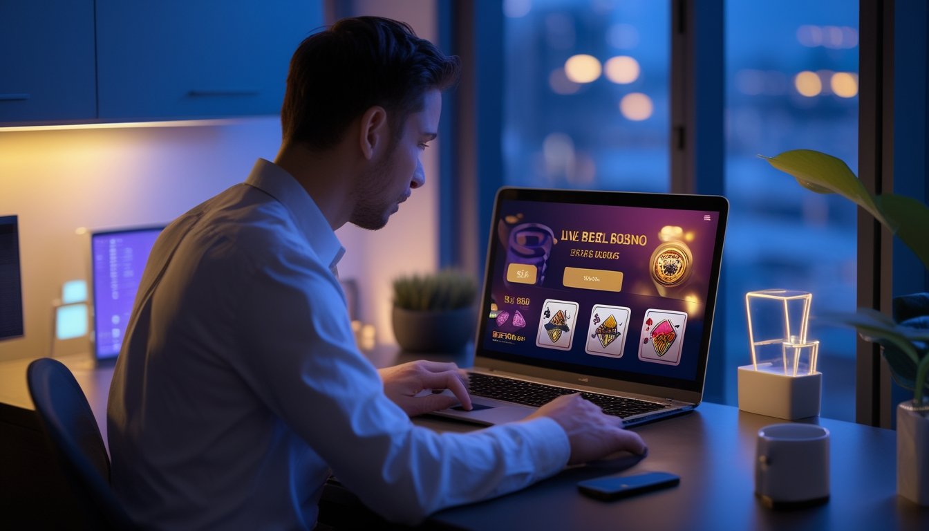 Seseorang menggunakan laptop dan ponsel untuk mengakses permainan slot dan kasino daring dalam satu akun.