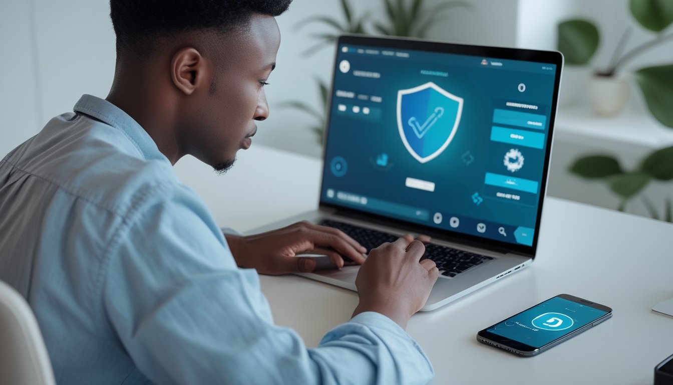Orang dewasa memeriksa platform hiburan daring yang aman menggunakan laptop di ruang kerja modern.